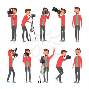 Photographer Vector. Modern Camera. Posing. Full Length Taking Photos. Photojournalist Design. Flat Cartoon Illustration