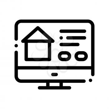 Web Site For Search Estate Vector Thin Line Icon. House On Web Site Computer Monitor Linear Pictogram. Mortgage On Real Estate, Rent, Buy Or Sale Apartment Garage Contour Illustration