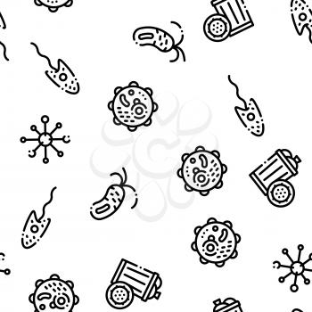 Bacteria Germs Seamless Pattern Vector. Unhealthy Tooth And Dirty Hands, Sternutation Character And Illness People With Germs Linear Pictograms. Microbe Types Illustration