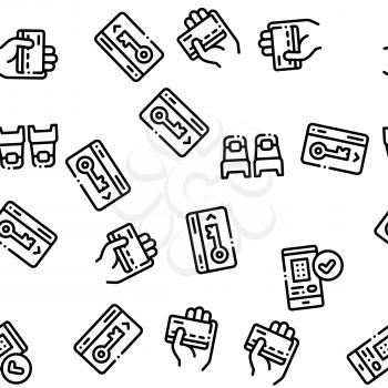 Hostel Seamless Pattern Vector. Building Hostel And Location, Calendar And Parking Symbol, Bed And Laundry Machine Linear Pictograms. Wifi Internet Illustration