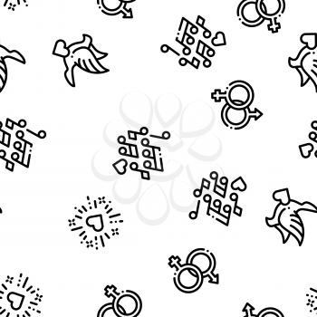 Wedding Seamless Pattern Vector. Bride And Groom, Rings And Limousine Wedding Elements. Church And Arch, Fireworks And Dancing Black Contour Illustration