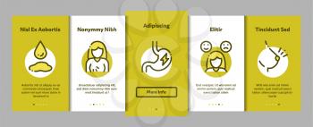 Symptomps Of Pregnancy Vector Onboarding Mobile App Page Screen. Fatigue And Nausea, Food Aversion And Frequent Urination, Constipation And Faintness Symptomps Of Pregnancy Pictograms. Illustrations