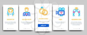 Wedding Vector Onboarding Mobile App Page Screen. Characters Bride And Groom, Rings And Limousine Wedding Elements Linear Pictograms. Church And Arch, Fireworks And Dancing Illustrations