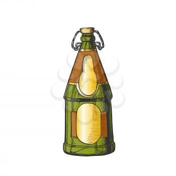 Drawn Blank Beer Bottle With Bar Stopper . Ink Design Sketch Retro Bottle Of Alcoholic Beverage. Concept Color Template Glass Container Template Cartoon Illustration