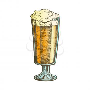 Hand Drawn Glass With Froth Bubble Beer Vector. Glass With Alcoholic Craft Frosty Light Lager Drink For Relaxation Time. Closeup Color Template Cartoon Illustration