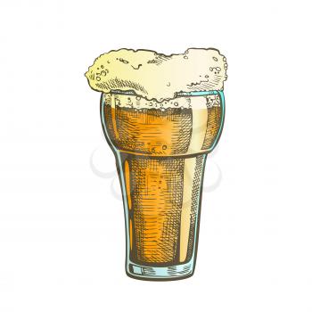 Hand Drawn Glass With Foam Bubble Drink Vector. Glass With Pint Of Alcoholic Fresh Cold Beverage Dark Lager In Pub. Oktoberfest Color Mockup Cartoon Illustration