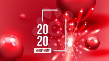 Beautiful Invitation Card Celebrating 2020 Vector. Realistic Bright Fireworks, Red Sphere And White 2020 Two Thousand Twenty Frame Invite On Party. Stylish Colorful Horizontal Postcard 3d Illustration