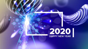 Beautiful Happy New Year Xmas 2020 Banner Vector. Realistic Striped Christmas-tree Balls And Number 2020 Two Thousand Twenty Decorated Glints On Blue Background. Creative Post Card 3d Illustration