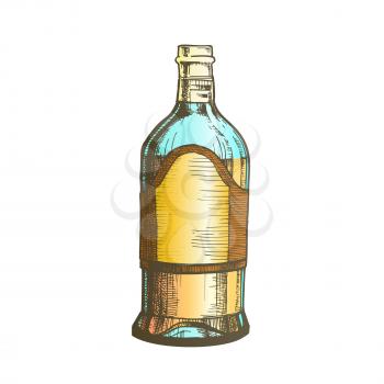 Closed Tall Classic Mexican Tequila Bottle Vector. Retro Glass Bottle With Blank Label For Traditional Alcohol Drink Produced In Mexico. Made From Blue Agave Plant Liquid Package Color Illustration
