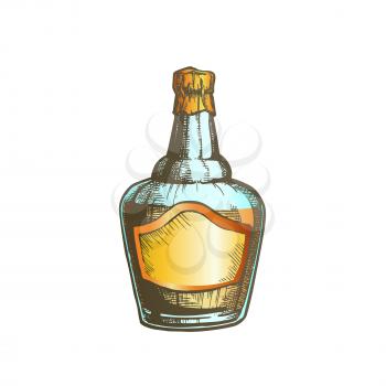 Blown Scotch Whisky Bottle With Foil Cap Vector. Simple Hand Drawn Sketch Bottle Of Classical England Alcoholic Beverage. Mockup Old Glass Container With Blank Label Illustration