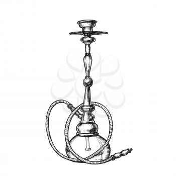 Smoking Hookah Lounge Cafe Instrument Retro Vector. Arabia Oriental Relaxation Smoking Aroma Flavored Tobacco Or Cannabis Equipment Hookah. Black And White Hand Drawn In Vintage Style Illustration