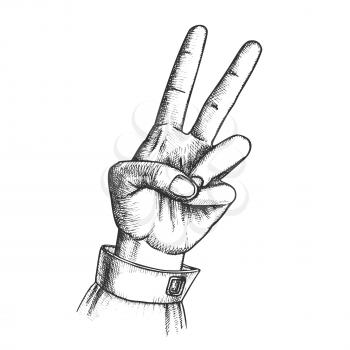 Hand Gesture Peace Symbol Two Finger Up Ink Vector. Woman Arm Gesture Showing Scissors Or Freedom Sign. Female Wrist Gesturing Cheer Signal Black And White Hand Drawn Retro Style Closeup Illustration