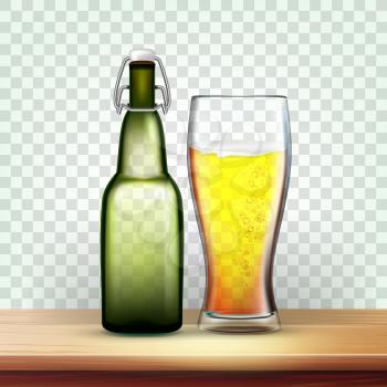 Realistic Bottle And Glass With Frothy Beer Vector. Mockup Template With Bar Stopper For Liquid Bottle With Holder And Blank Label Isolated On Transparency Grid Background. 3d Illustration