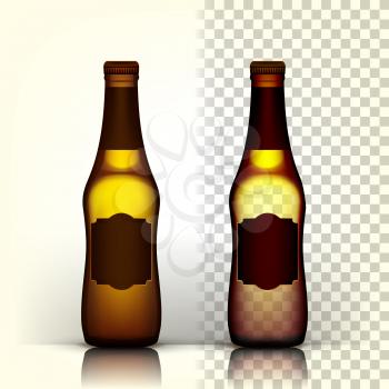 Beer Bottle Vector. Empty Glass For Craft Beer. Mockup Blank Template. 3D Transparent Isolated Realistic Illustration