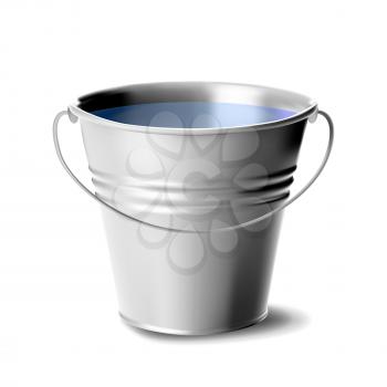 Metal Bucket Full Of Water Vector. Classic Jar. Cleaning Equipment For Water. Package. Realistic Illustration