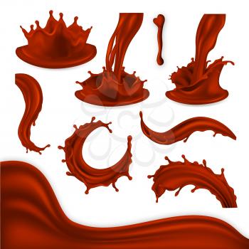 Chocolate Splash Set Vector. Brown Cocoa Wave, Food Drop, Blots Liquid. Tasty Sweet Dessert Product. Whirl, Swirl Pouring Product Design Element. Realistic Illustration