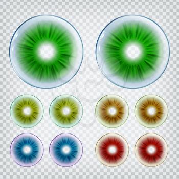 Medical Colorful Contact Optical Lenses Set Vector. Realistic Medical Device With Different Green And Red, Brown, Yellow And Blue Colors. Modern Accessories For Correct Vision. 3d Illustration