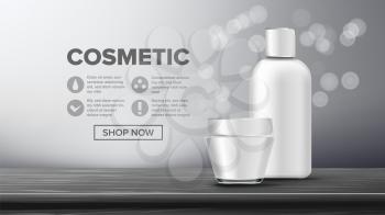 Cosmetic Bottle Banner Vector. Luxury Light. Abstract Label. Lotion, Gel. Premium Product. 3D Mockup Realistic Illustration