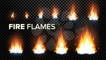 Fire Flames Set Vector. Different Animation Stages. Burning Light With Sparks Effect. Fiery Heat And Bonfire Flares Design. Isolated Transparent Background Illustration