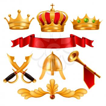 Gold Crown Vector. Golden King Royal Crown With Gems, Red Ribbon Velvet Textile, Swordm Helmet, Horn. Monarchy Power, Competition Winner. Certificate, Diploma Design. Realistic Illustration