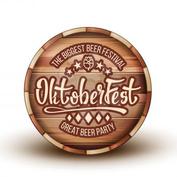 Advertising Beer Festival On Brown Barrel Vector. Engraving Invitation On Biggest Great Party Festival Oktoberfest For Drink Delicious Beverage On Wooden Barrel. Front View Realistic 3d Illustration
