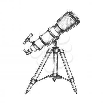 Astronomer Equipment Telescope Monochrome Vector. Standing Telescope For Explore And Observe Galaxy And Cosmos. Discovery Optical Device Designed In Retro Style Black And White Illustration