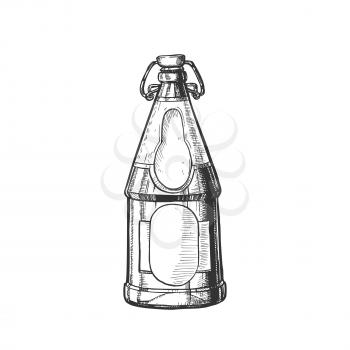 Drawn Blank Beer Bottle With Bar Stopper Vector. Ink Design Sketch Retro Bottle Of Alcoholic Beverage. Concept Monochrome Black And White Template Glass Container Template Cartoon Illustration