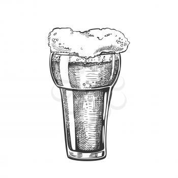 Hand Drawn Glass With Foam Bubble Drink Vector. Glass With Pint Of Alcoholic Fresh Cold Beverage Dark Lager In Pub. Oktoberfest Monochrome Black And White Mockup Cartoon Illustration