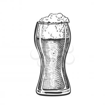 Drawn Standard Pub Glass With Foam Beer Vector. Glass With Pint Light Alcoholic Fresh Cold Brewery Beverage For Celebration Party. Closeup Monochrome Black And White Mockup Cartoon Illustration