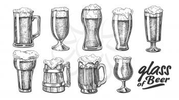 Hand Drawn Glass With Foam Bubble Beer Set Vector. Glass And Wooden Goblet With Alcoholic Cold Beverage Light Lager Or Ale. Closeup Monochrome Tavern Mug With Drink Template Cartoon Illustration