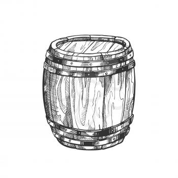 Standing Vintage Wooden Barrel Side View Vector. Hand Drawn Closed Barrel With Metal Rings For Production And Storage Alcohol Beverage. Design Closeup Container Object Monochrome Cartoon Illustration
