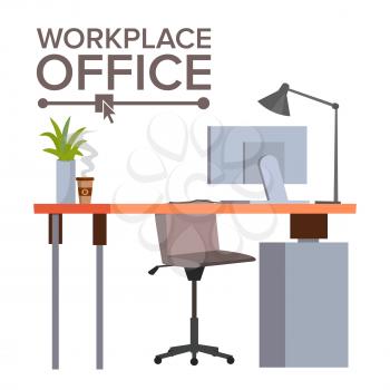 Office Workplace Vector. Office Desk, PC. Modern Developer Studio Interior. Computer Illustration