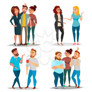 Friends Characters Set Vector. Laughing Friends, Office Colleagues. Business Situations. Man And Women Take A Picture. Friendship Concept. Isolated Cartoon Illustration
