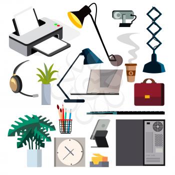 Office Equipment Set Vector. Computer, Laptop, Monitor. Icons. Business Workspace. Hardware And Gadgets. Elements Isolated Flat Illustration