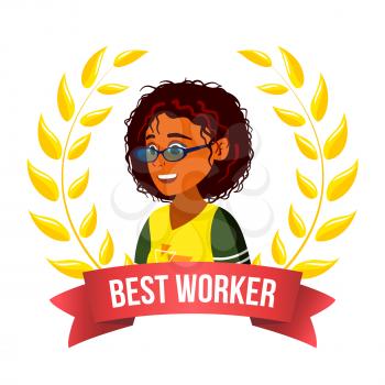 Best Worker Employee Vector. Afro American Woman. Award Of The Month. Gold Wreath. Victory Business Illustration
