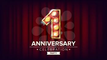 1 Year Anniversary Banner Vector. One, First Celebration. Shining Light Sign Number. For Business Cards, Postcards, Flyers, Gift Cards Design. Red Background Illustration