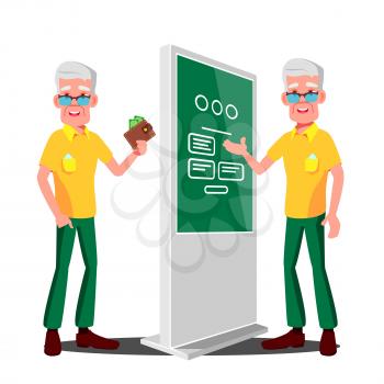 Old Man Using ATM, Digital Terminal Vector. Advertising Touch Screen. Floor Standing. Money Deposit, Withdrawal. Isolated Flat Cartoon Illustration