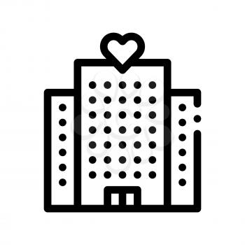 Volunteers Support Building Vector Thin Line Icon. Volunteers Support, Charitable Organizations Linear Pictogram. Heart On Skyscraper Hospital, People Silhouette Blood Donor Contour Illustration