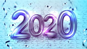 2020 Helium Balloons Greeting Xmas Banner Vector. Festive Blue Air Number 2020 Two Thousand Twenty Decorated Sparkle Confetti Isolated On Brick Wall Background Concept Poster Realistic 3d Illustration