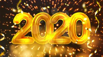 2020 Happy Christmas Holiday Party Banner Vector. Golden Oogley Two Thousand Twenty 2020 Decorated Glitter Confetti And Explosion Fireworks On Background Invitation Card Realistic 3d Illustration