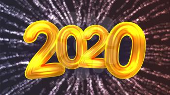 2020 Happy New Year Party Firework Banner Vector. Golden Glossy Two Thousand Twenty Number And Garland Or Explosion Sparkle Firework On Background. Bright Postcard Realistic 3d Illustration