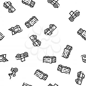 Agricultural Vehicles Vector Seamless Pattern. Agricultural Transport, Harvesting Machinery Linear Pictograms. Harvesters, Tractors, Irrigation Machines, Combines Color Contour Illustrations