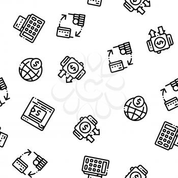 Online Transactions Vector Seamless Pattern. Online Transactions, Secure Financial Payment Operation Linear Pictograms. Internet Banking Money Deposit, Currency Exchange Color Contour Illustrations