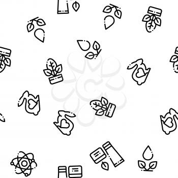 Organic Cosmetics Vector Seamless Pattern. Organic Cosmetics, Natural Ingredient Linear Pictograms. Eco-friendly, Cruelty-free Product, Molecular Analysis, Scientific Research Contour Illustrations