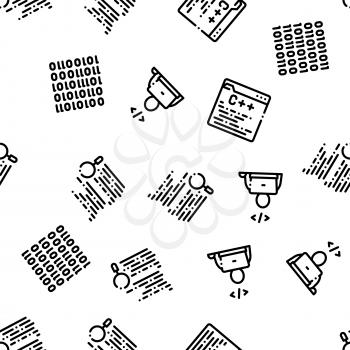 Coding System Vector Seamless Pattern. Binary Coding System, Data Encryption Linear Pictograms. Web Development, Programming Languages, Bug Fixing, HTML, Script Color Contour Illustrations