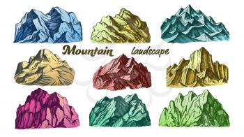 Color Mountain Landscape Set Vintage Vector. Different Mountain Place For Camping Travel Climbing Or Hiking Mountainous Geology Concept. Designed Template Illustrations