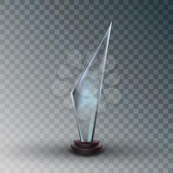 Shiny Glass Trophy Award In Metallic Frame Vector. Concept Of Competitive Glossy Blank Trophy On Plastic Pedestal. Premium Prize For Champion On Competition Mockup Realistic 3d Illustration