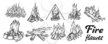 Collection Of Different Campfire Ink Set Vector. Forest Burning Firewood For Cooking Soup Meal. Warming Camping Tourist Campsite Light Element Hand Drawn In Vintage Style Monochrome Illustrations