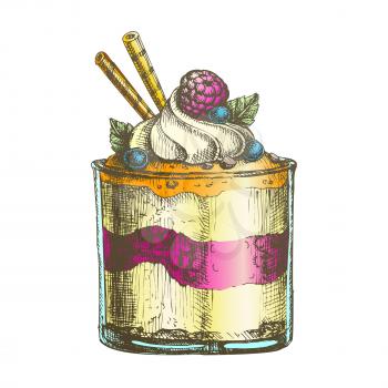 Color Glass Tasty Creamy Sweet Dessert Hand Drawn Vector. Delicious Dessert With Wafer Rolls, Blackberry And Blueberry, Raspberry And Mint Leaves On Cream. Designed Template Illustration