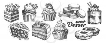 Assortment Baked Sweet Dessert Set Vintage Vector. Chocolate And Fruit Cakes, Macaroons And Donuts, Berries Pie And Creamy Caseous Dessert Concept. Designed Template Black And White Illustrations